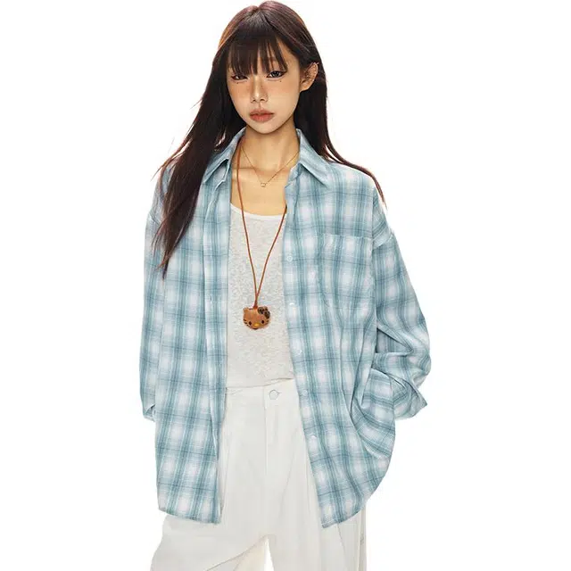 如续 韩系格子慵懒休闲宽松长袖衬衣衬衫 女款