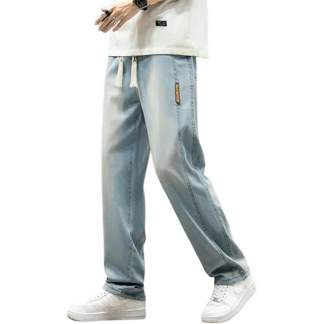 么宁 美式复古宽松直筒裤薄款简约百搭垂感弹力舒适透气个性痞帅牛仔裤 男女同款