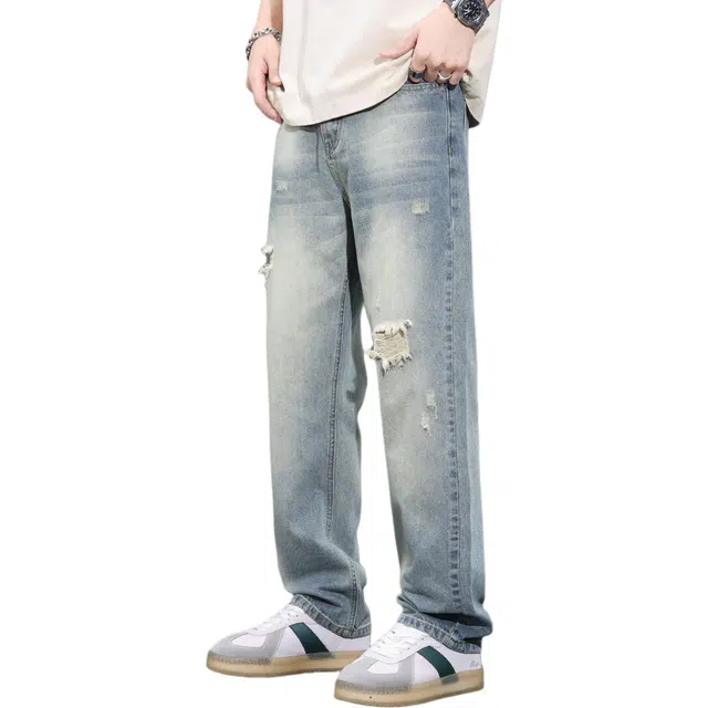 瑞梵帝斯 美式高街复古废土风痞帅风水洗做旧修身弹力百搭垂感显高显瘦舒适亲肤日常通勤透气微喇裤男生牛仔裤 男款