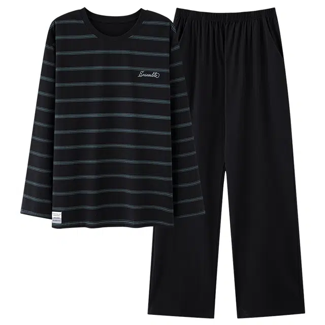 俏霓桐 春秋款简约时尚条纹纯棉亲肤运动休闲百搭舒适圆领长袖长裤家居服可外穿睡衣套装 男款