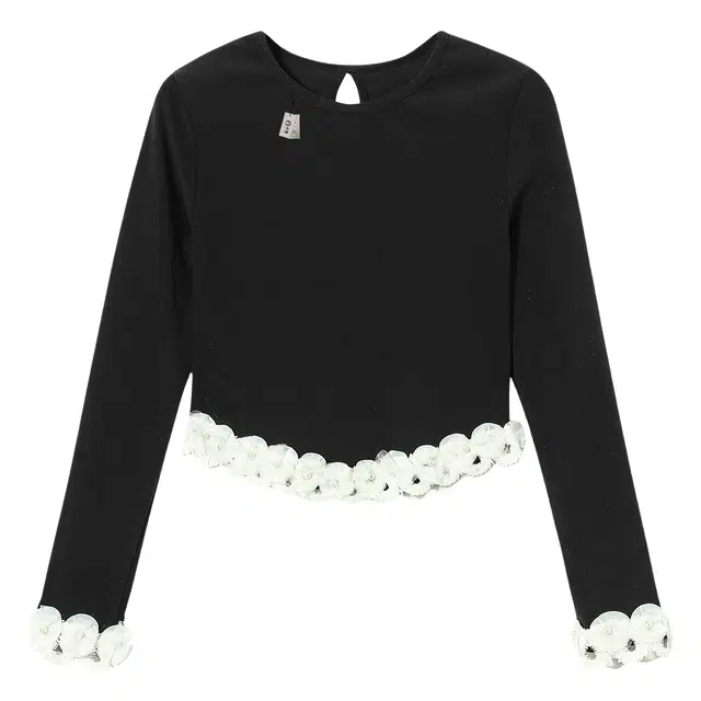 识恩 法式拼接珍珠花朵修身长袖女秋季款设计感别致上衣服针织衫 女款