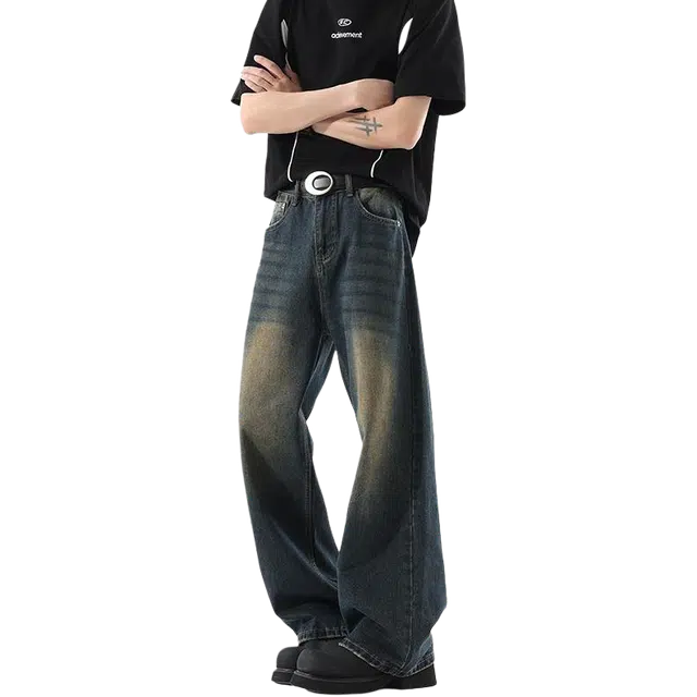 一碗士多 美式高街复古百搭户外垂感拖地街头水洗直筒宽松阔腿牛仔裤 男女同款