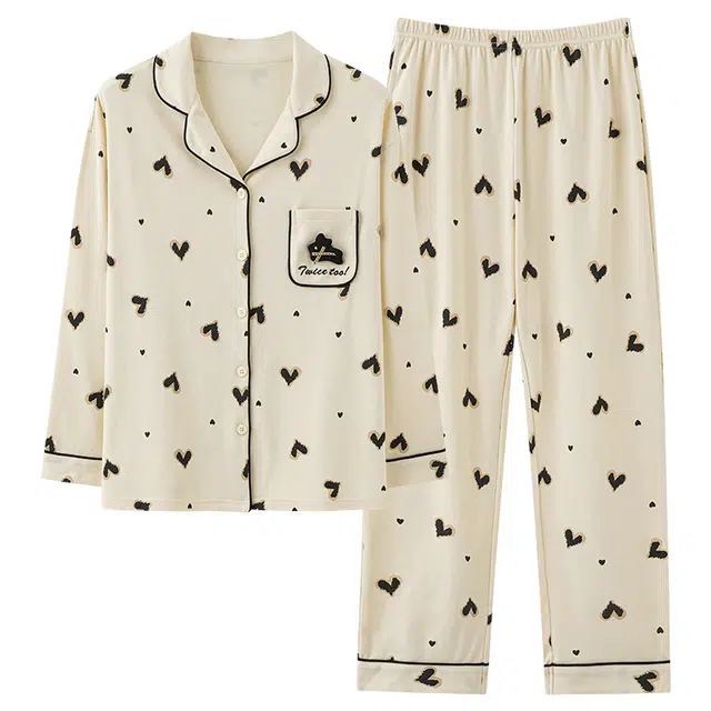 俏韵 翻领春秋季仿棉长袖长裤简约风休闲甜美可爱舒适薄款家居服可外穿睡衣套装 女款