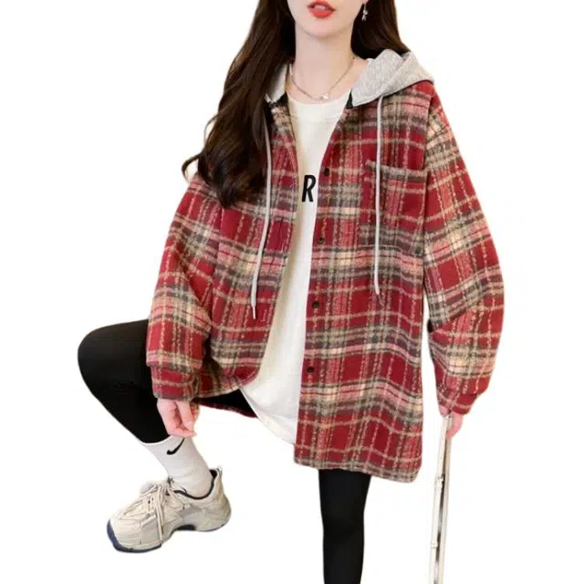 木清清 设计感 复古 格纹 连帽 开衫 衬衫 外套女 秋冬 减龄 慵懒风 假两件 加绒上衣卫衣 女款