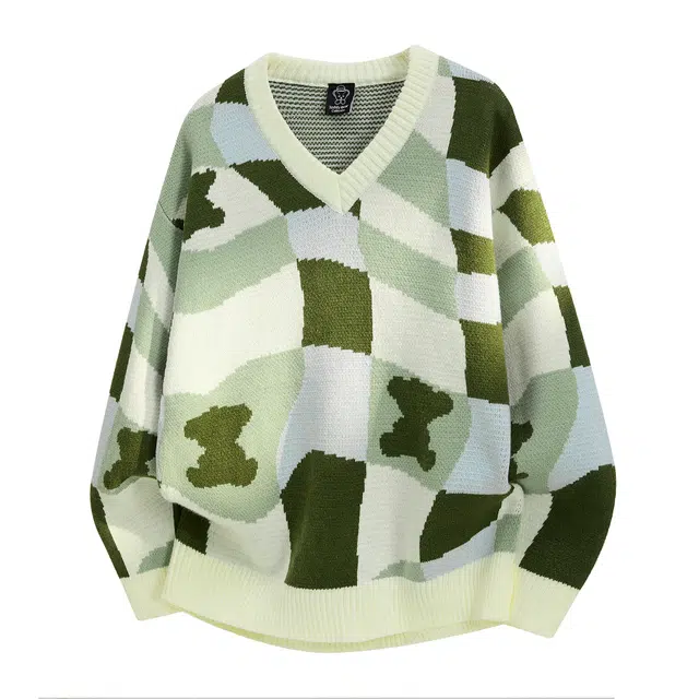 泰迪珍藏 不规则色块拼接小熊满印长袖套头宽松毛衣 男女同款