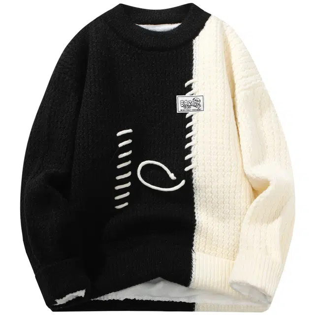 吾皇猫 日系复古基础款简约百搭加绒加厚慵懒风时尚贴布设计针织宽松保暖内搭针织打底衫秋冬季休闲毛衣 男女同款