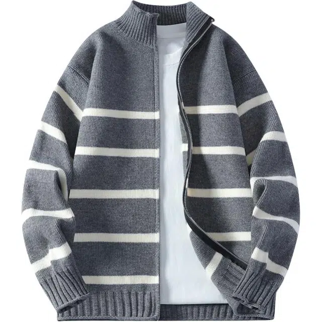 太子龍 潮牌慵懒风立领条纹拉链开衫线衣长袖针织衫 男款