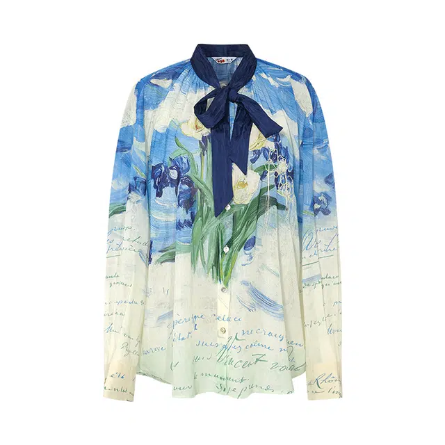 两三事 复古时尚文艺浪漫绣花拼色绑带领印花长袖雪纺衫 女款