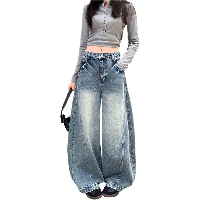 荟萃阁 早秋美式复古宽松垂感百搭款型女牛仔裤 女款