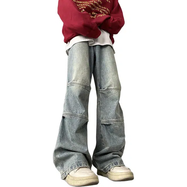 大格子与黑猫 水洗做旧男秋季美式复古阔腿拖地长裤潮牌宽松直筒休闲裤子牛仔裤 男款