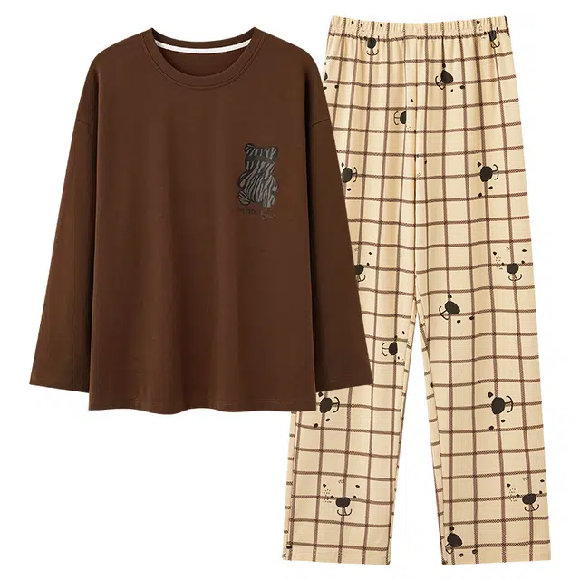 俏韵 圆领春秋季仿棉长袖简约印花休闲甜美薄款舒适家居服可外穿睡衣套装 女款