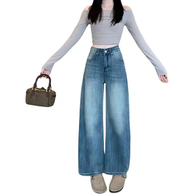 柏黛妃 复古竹节纹弯刀阔腿高腰显瘦百搭宽松牛仔裤 女款