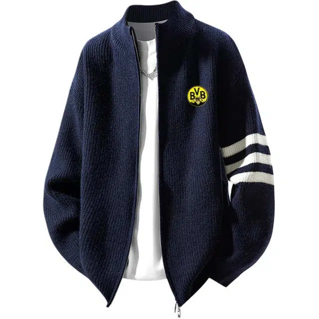 普鲁士多特蒙德 港风潮牌高街双拉链学生简约纯色提花针织外套防静电男宽松百搭情侣休闲开衫毛衣 男女同款