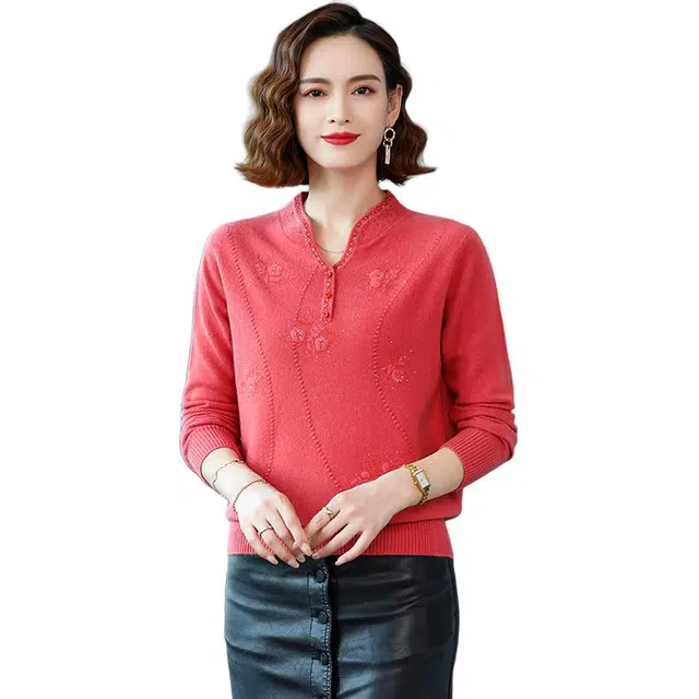 袋鼠 时尚简约百搭显瘦宽松立领质感纹路印花套头羊毛针织衫 女款