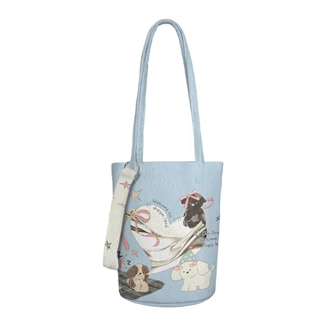 奥松 图案时尚潮流百搭 绒面科技布 水桶包单肩包 常规 女款 蓝色