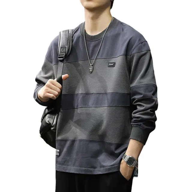前进牛 韩式休闲经典潮牌高级感老钱风重磅拼接长袖宽松大码内搭纯棉打底衫套头圆领卫衣 男款