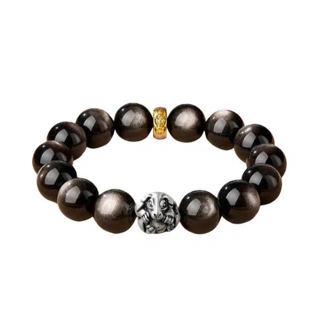 宣华意 国风新中式时尚轻奢高端 十二生肖 盘玩单圈 文玩佛珠 平安纳福 财源广进 守护好运 黑曜石 手串 男女同款情侣款