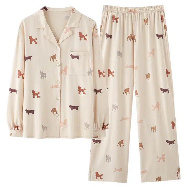 俏佳人 纯棉开衫翻领基础动物图案休闲宽松透气亲肤可外穿长袖长裤家居服睡衣套装 女款
