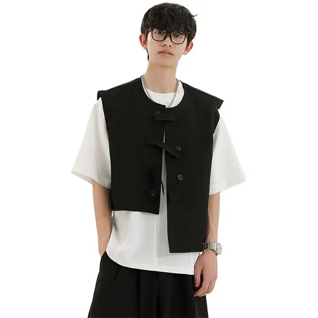 冈哉 美式潮牌高街中式复古纽扣拼接简约设计透气亲肤街头痞帅舒适百搭宽松休闲落肩垂感直筒开衫无袖马甲 男女同款