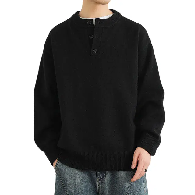 冈哉 纯色简约亨利领上衣美式潮流慵懒风松弛外穿内搭休闲通勤百搭舒适长袖针织衫 男女同款