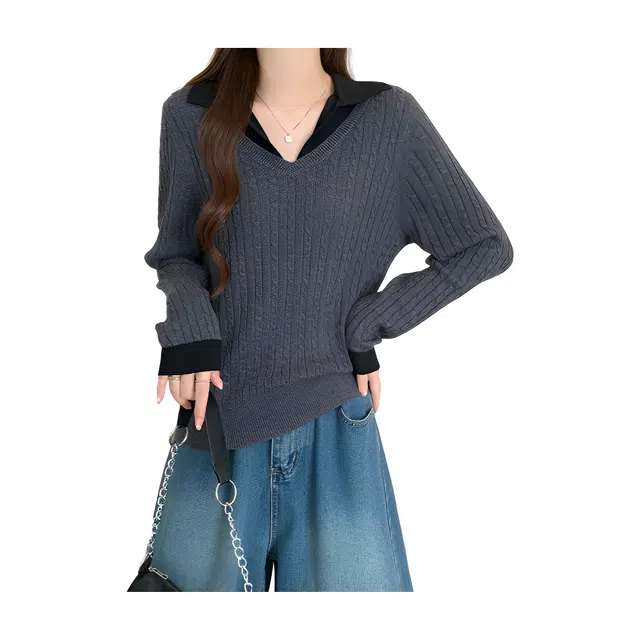 荟萃阁 撞色拼接假两件百搭翻领打底针织衫 女款