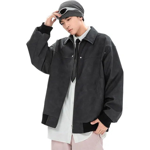 冈哉 美式复古老钱风做旧脏脏布皮衣潮流立领拉链设计休闲工装垂感痞帅宽松少年感舒适潮搭长袖外套夹克 男女同款