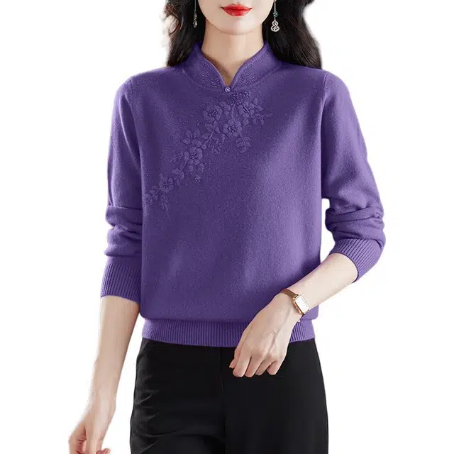 袋鼠 舒适柔软亲肤百搭显瘦立领减龄提花针织衫 女款