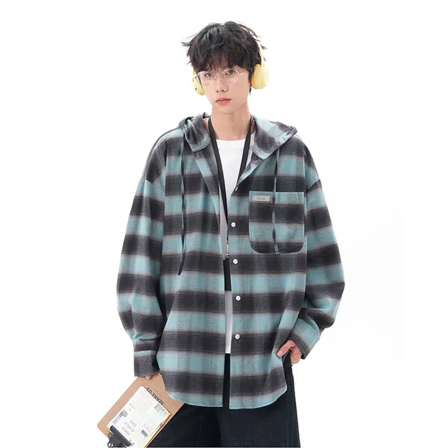佐菲利 美式潮牌连帽格子复古撞色情侣长袖衬衣宽松开衫外套衬衫 男女同款