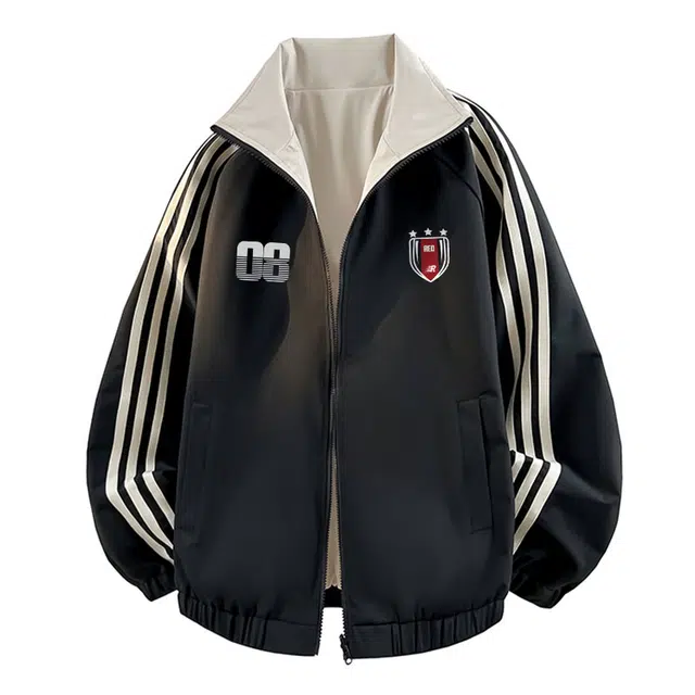 红蜻蜓 美式潮牌设计感纯色侧边条纹三条杠徽章涂鸦数字字母印花宽松百搭舒适防风保暖休闲棒球服外套夹克 男女同款