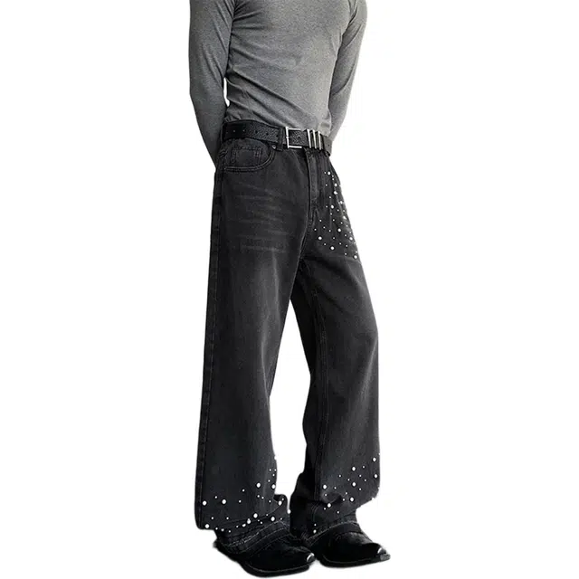 拓菲  美式高街潮牌宽松直筒裤子男款重工珍珠装饰牛仔裤 男女同款
