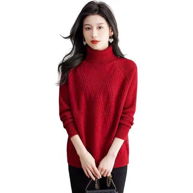 稻草人 简约保暖舒适高领菱形花纹秋冬打底针织衫 女款