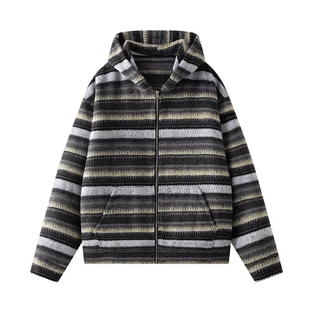 奇迹街区 费尔岛美式潮牌复古渐变撞色拼接条纹休闲情侣日系慵懒感毛呢帽衫时尚百搭开衫小众设计感高级拉链连帽卫衣 男女同款