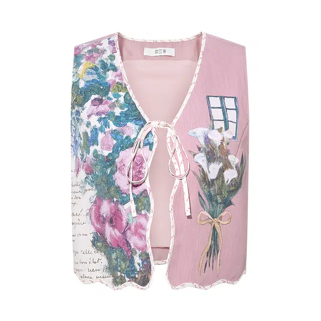 两三事 花织美愿 小清新花卉印花绑带短款女马甲 女款