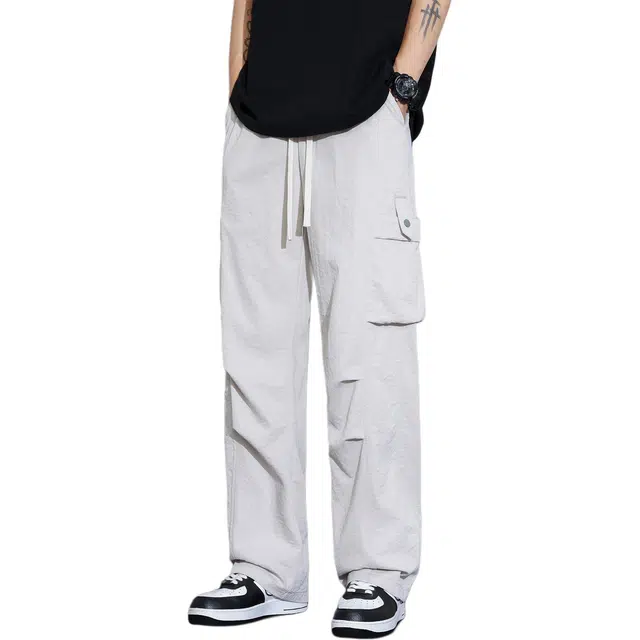 瑞梵帝斯 美式高街冰丝凉感薄款纯色多口袋宽松休闲垂感直筒山系户外机能风降落伞兵裤简约运动百搭系带裤男生工装裤 男款