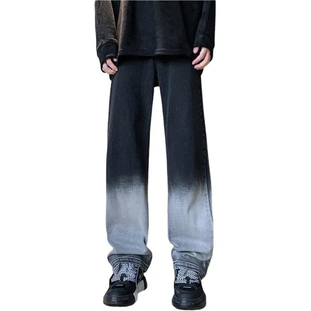 大格子与黑猫 渐变直筒美式高街设计感拖地阔腿裤子牛仔裤 男款