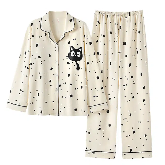 俞兆林 带胸垫长袖长裤开衫翻领可爱卡通高级感家居服可外穿睡衣套装 女款 杏色