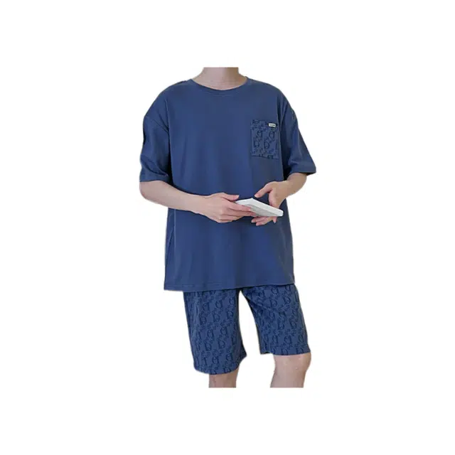 蒄趣 纯棉短袖短裤家居服简约休闲宽松薄款可外穿夏季睡衣套装 男款