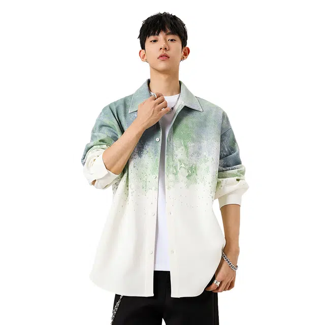 微牛 美式复古渐变扎染潮流百搭宽松休闲长袖外套衬衫 男款