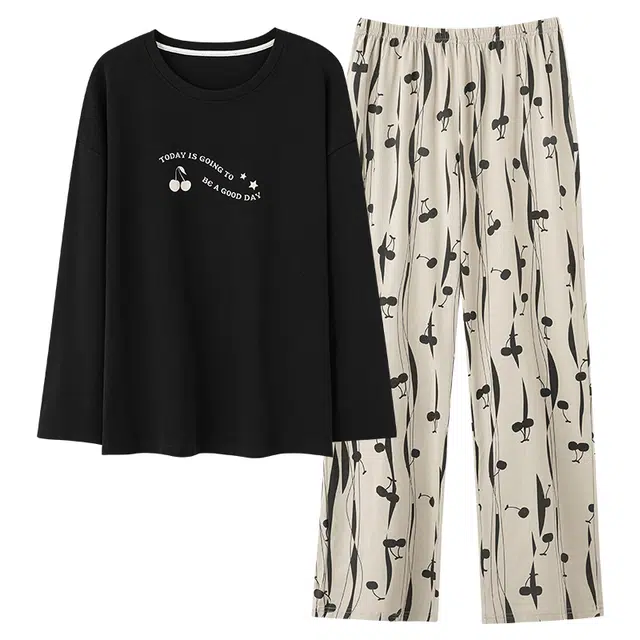 俏韵 圆领春秋季仿棉长袖简约印花休闲风甜美薄款舒适家居服可外穿睡衣套装 女款