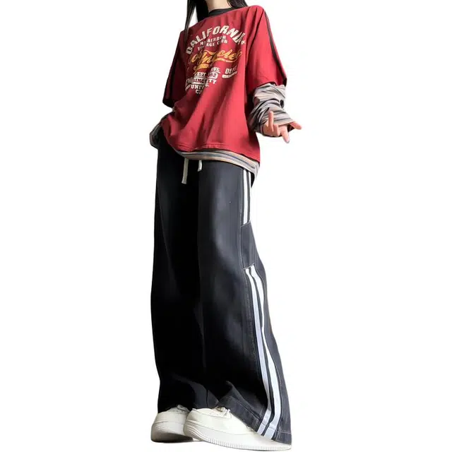 左岸 美式复古潮流条纹渐变简约松紧抽绳宽松时尚休闲百搭高级感显瘦显高日常通勤户外活动牛仔裤 男女同款