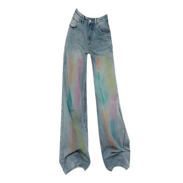 拾籍 美式设计彩虹涂鸦复古风格宽松垂感显瘦直筒阔腿牛仔裤 女款