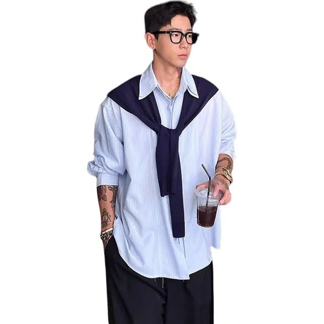 拓菲 条纹衬衣男秋季披肩高级设计感老钱风假两件长袖外套衬衫 男女同款