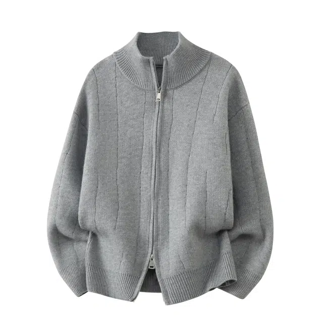 北欧攻略 美式纹理感软糯舒适慵懒风氛围感双拉链宽松显瘦立领毛线衣开衫外套老钱风高品质长袖针织衫 男女同款