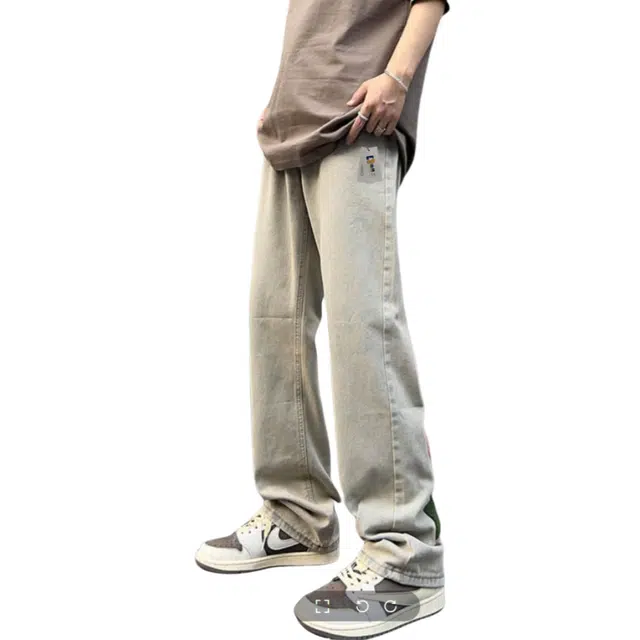 地界二 春秋爱心刺绣直筒潮牌百搭痞帅日系复古港风高街水洗裤子牛仔裤 男款