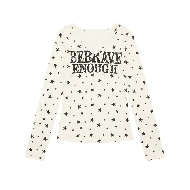 Fusheng Slim Fit Star Letter Long Sleeve Tee