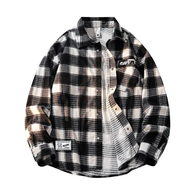 敦煌博物馆 美式复古经典款拼接撞色格子纹品牌字母织唛标宽松休闲百搭大码垂感学院风纽扣翻领长袖衬衫 男女同款