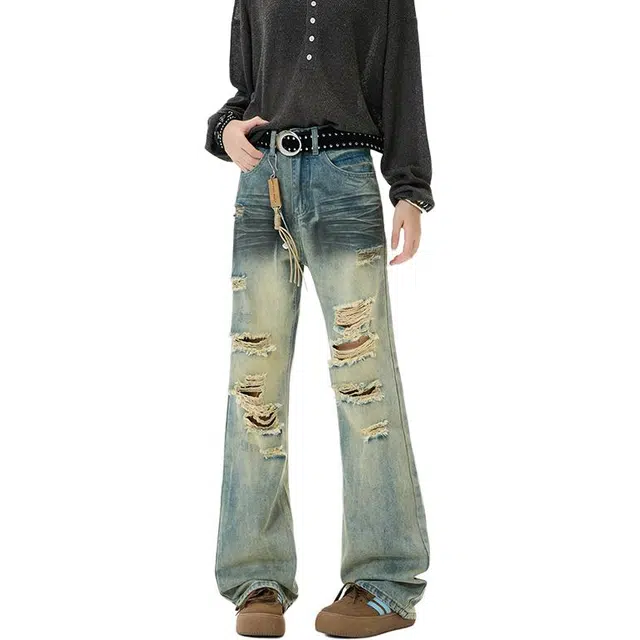 拾个壹先生 美式复古做旧宽松微喇叭小众设计刀割破坏高街破洞长裤子牛仔裤 男女同款