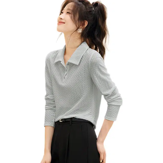 沫晗依美 针织纯色常规长袖翻领休闲日常便服宽松腰衬衫 女款