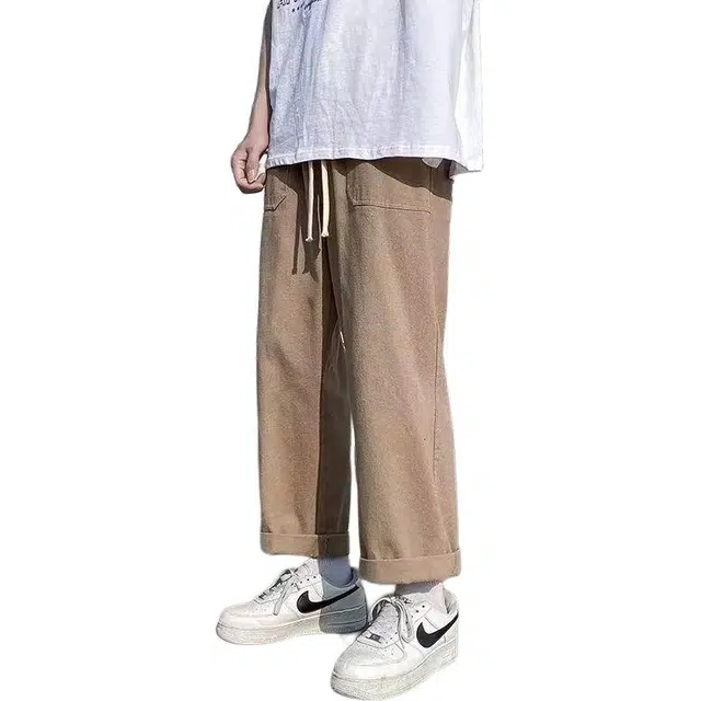 大格子与黑猫 工装裤春秋简约日系百搭松紧腰高街直筒宽松运动长裤男休闲裤 男款