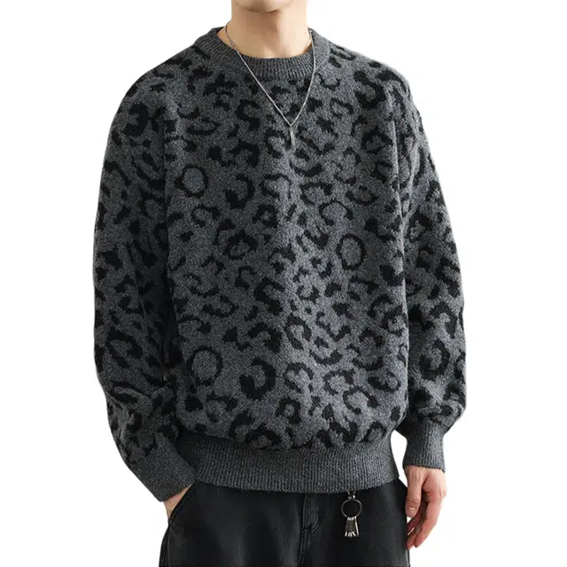 冈哉 经典豹纹图案圆领小众设计美式复古宽松落肩套头舒适亲肤柔软休闲百搭针织衫 男女同款